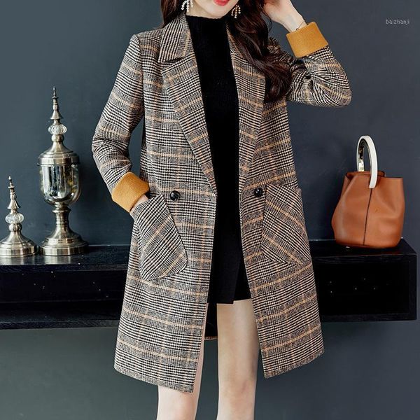 

s-2xl size 2021 ladies autumn winter new woolen coat often long woolen coat lapel plaid casual nz0221, Black