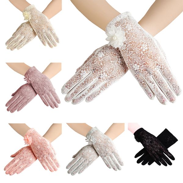 

women' elegant lace wrist sun protection driving gloves for summer touch screen anti-slip fabric, Blue;gray