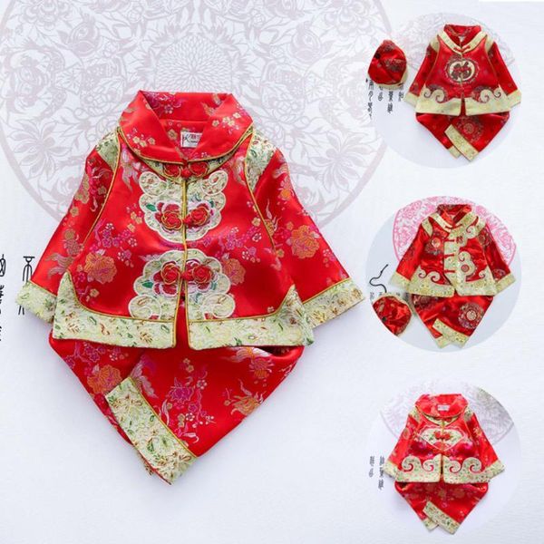 

floral infant traditional chinese clothes baby girl boy tangsuit party asian halloween costumes clothing suit costume1, Red