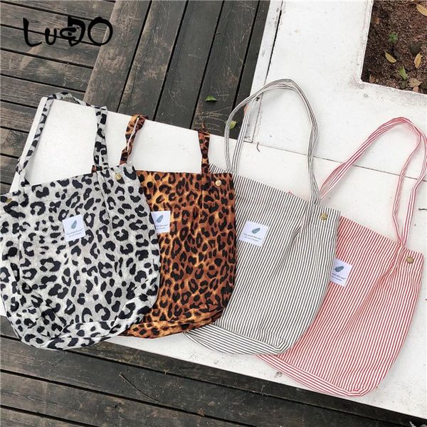 

stripes & classic leopard design shoulder bag cloth handbag casual tote ladies foldable shopping bags 2020 women canvas bag sac