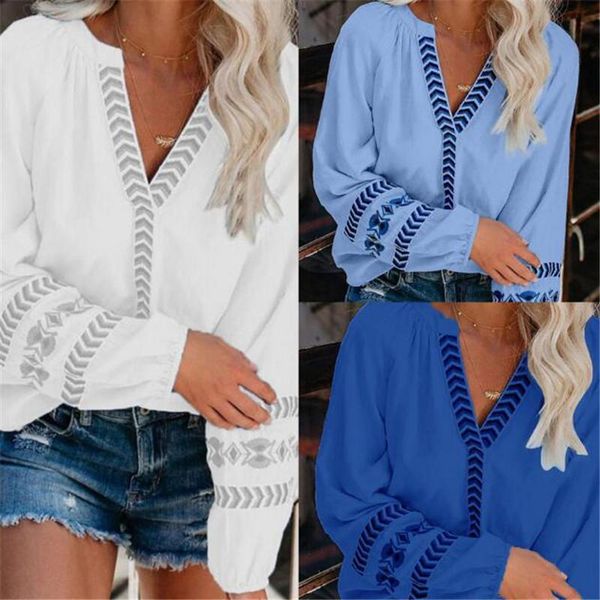 

women elegant blouse v neck lantern long sleeve striped geometric trim printed loose shirts autumn spring street blouse, White