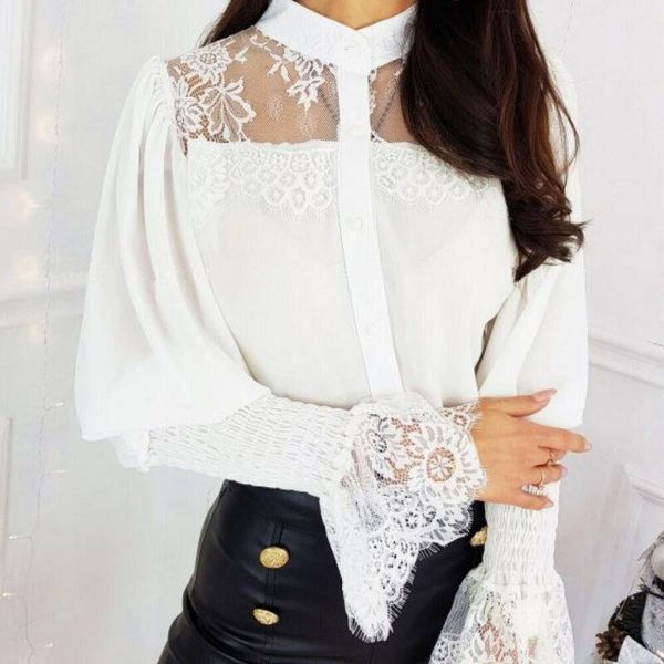 

lace puff sleeve lace patchwork shirt blouse women summer ladies casual elegant buttoned, White