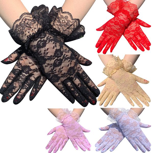 

black white pink skin red fashion women lady lace party dressy summer full finger sunscreen gloves for girls mittens, Blue;gray