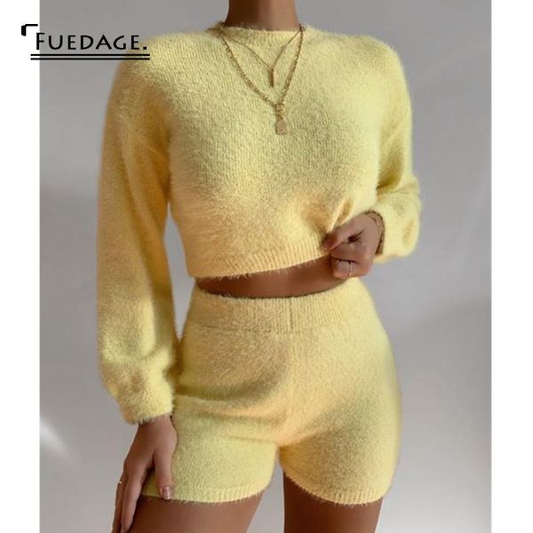 

women's tracksuits fuedage solid knit 2 piece set lantern sleeve crop and shorts autumn casual two women yellow outfits 2021, Gray
