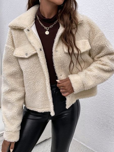 

flap detail drop shoulder teddy jacket l4xe#, Black;brown
