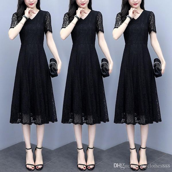 

women floral lace dresses short sleeve party casual color black mini dress high-quality noble show temperament skirt size -5xl, Black;gray