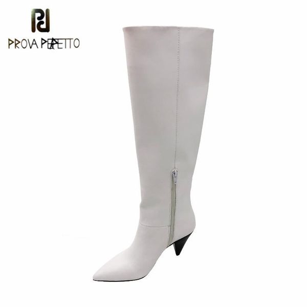 

prova perfetto retro office lady solid color genuine leather women's thigh high boots pointed toe heel spike heels casual shoes, Black