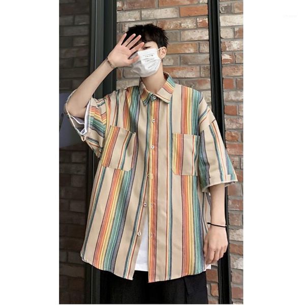 

colored striped shirt men oversized short sleeve hiphop mens clothing big patch pockets 2020 summer loose casual shirts male1, White;black