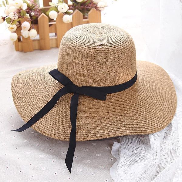 

wide brim hats ht1299 classic women summer large big straw black ribbon band lady floppy beach sun foldable1, Blue;gray