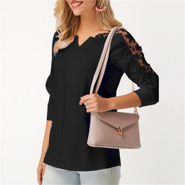 

women lace splicing chiffon blouse long sleeve pleated v neck hollow out fashion blouses femme blusas plus size 5xl1, White