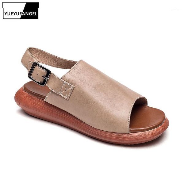 

summer women casual flats open toe buckle strap beach sandals vintage genuine leather gladiator shoes leisure platform sandals1, Black