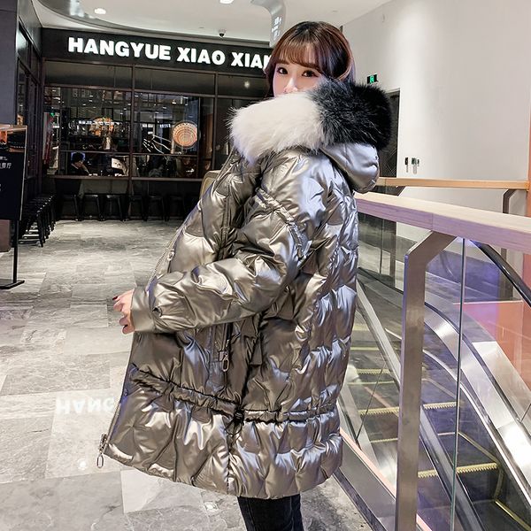 

shiny long parka women solid hooded winter women's jacket with zipper thick fur collar casual loose plus size female cold coat