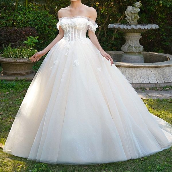 

chic off shoulder bridal dresses appliqued lace sweep train wedding dresses custom made beach boho elegant abiti da sposa cheap, White