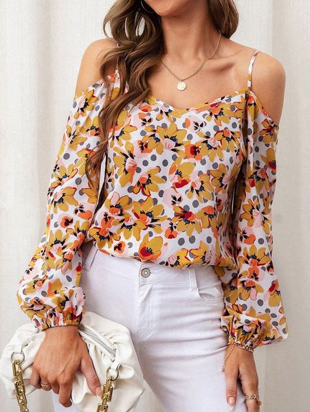 

polka dot & floral print cold shoulder lantern sleeve blouse c0u0#, White
