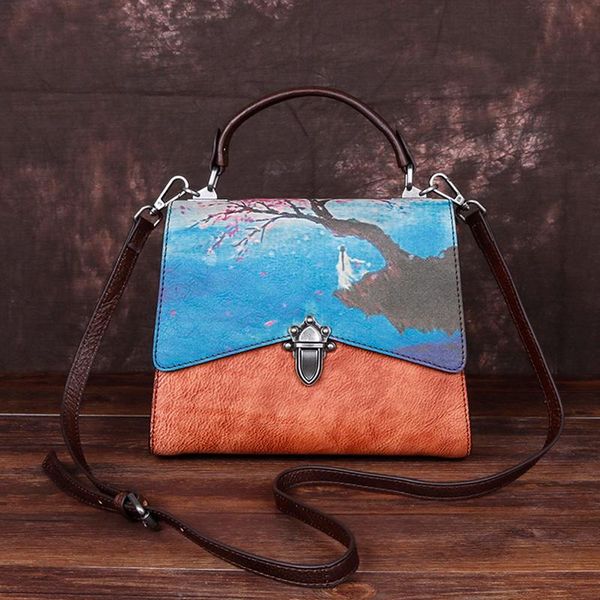 

vintage cowhide genuine leather tote female bag lock handbag natural skin women messenger shoulder printing bags