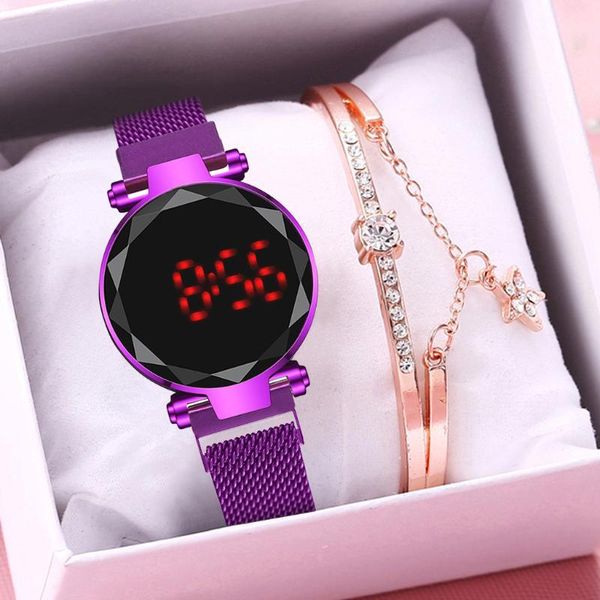 

women touch screen led watches magnetic stainless steel electronic clock digital wristwatches bracelet set, Slivery;brown