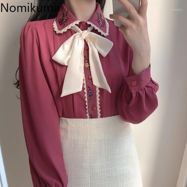 

nomikuma floral embroidery long sleeve shirt blusas femme bow lace up single breasted sweet blouse autumn new arrival 3d3101, White