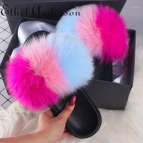 

real hair sandals casual flat home slippers plush shoes woman fluffy raccoon fur shoes women fur slippers furry slides1, Black