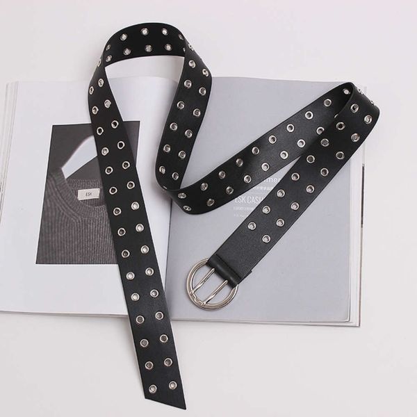 

2019 new concave row hollow metal air eye double needle soft surface pu leather belt, Black;brown