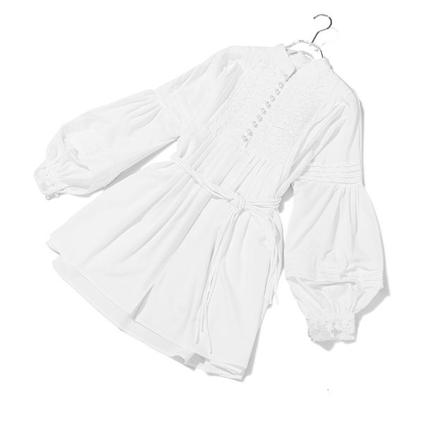 

2021 new summer stand collar pure color white mini lace-up waist boho women sleeve vestidos 9i8p, Black;gray