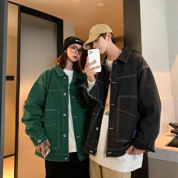 

2020 autumn new lapel fashion label washed cotton men's couple's jacket w88052, Black;brown