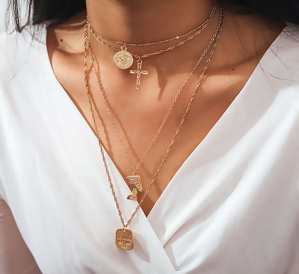 

new money decoration fashion luxury retro punk cross jesus cross egypt pharaoh coin multilayer pendant necklace necklace hip hop necklac, Black