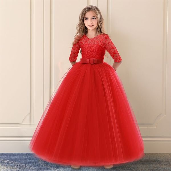 

red christmas dress lace flower girls wedding party children clothing elegant long gown formal evening kids dresses for 220308, Red;yellow