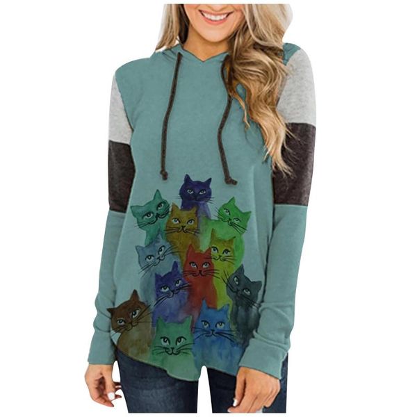 

2021 women hoodies fashion cat print sweatshirts female streetwear women pullover drawstring long sleeves hoodie, Black