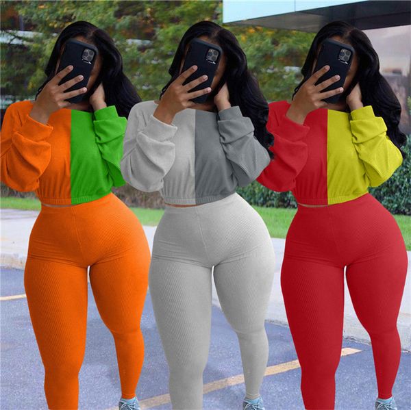 

цвет блока лоскутная двухкусочный tracksuit наборы с длинным рукавом толстовки костюмы женщины crop top свитер гетры брюки спортивный костюм, White