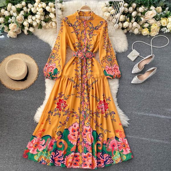 

2021 new female court wind maxi vintage puff manga button the line dressed autumn boho impression long holiday dress r2jt, Black;gray