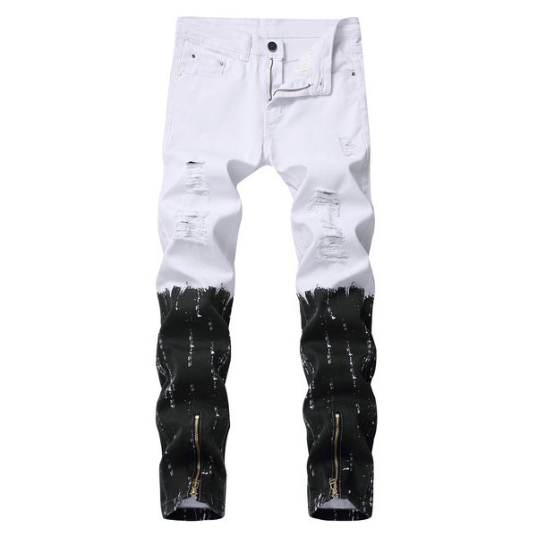 

2021 new men's male casual fashion printed white jeans ripped holes painted black silver denim pants trousers p1eu, Blue