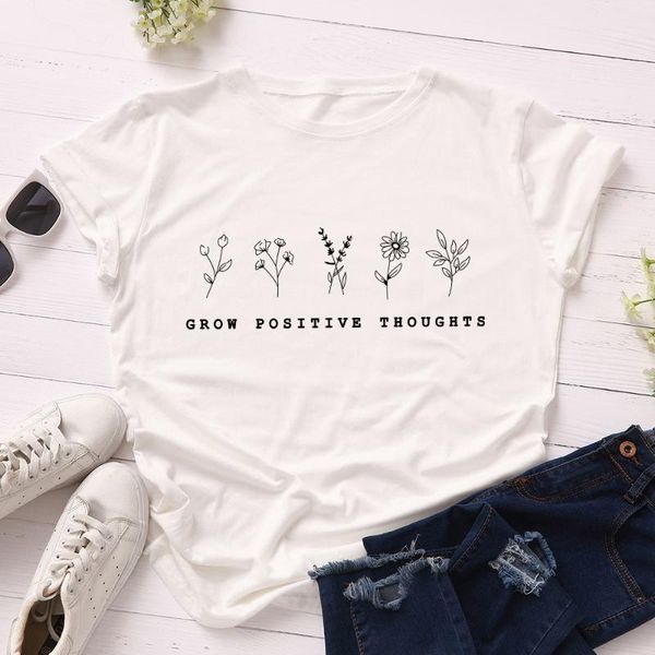 

grow positive thoughts t-shirt summer flowers clothing bees lover gift tee aesthetic save plants flower girl outfits vintage, White
