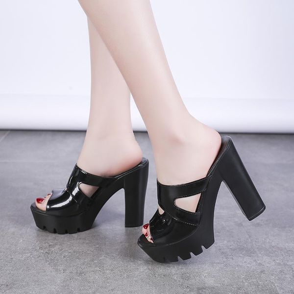 

slippers sandals women's pu leather open toe black thick heel 2021 woman platform wedges summer shoes pumps flip flops