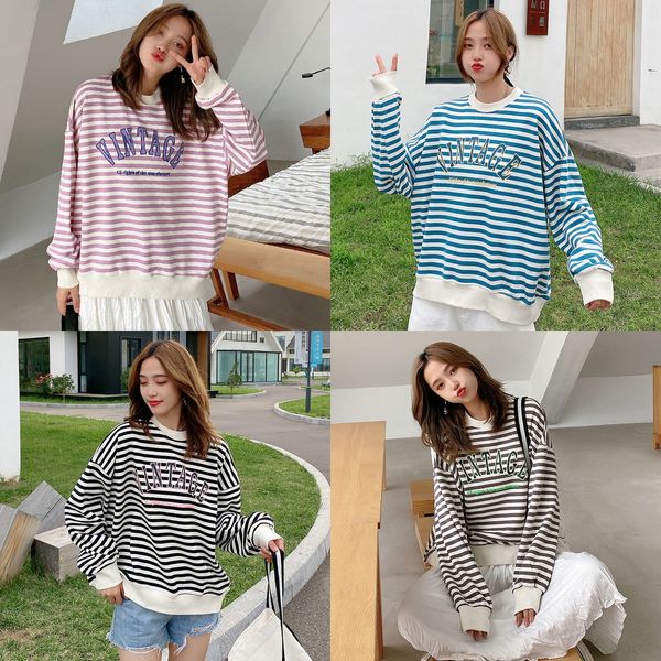 

color contrast striped sweater women's korean casual versatile letter embroidered pullover embroidery long sleeve crew neck pullover la, Black