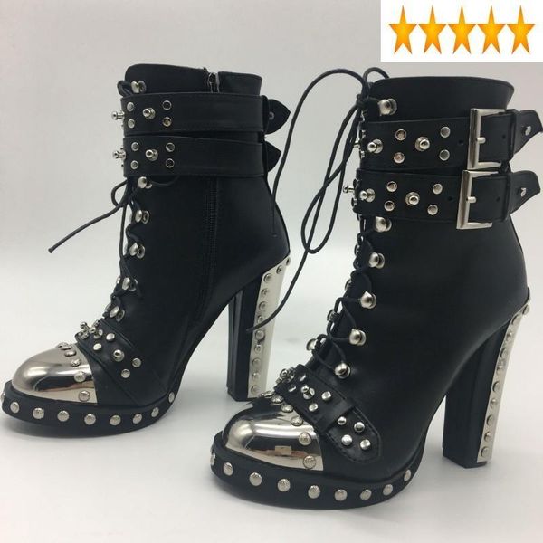 

ankle heel punk high women fashion metal round toe rivet buckle straps heels shoes black lace up boots plus size 42