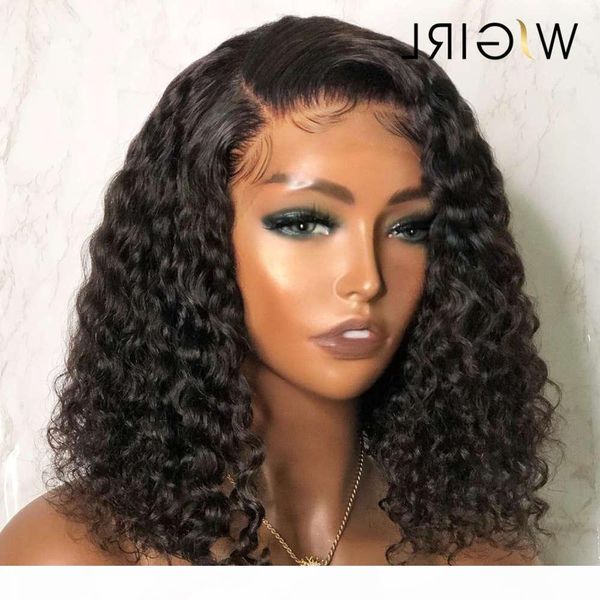 

wigirl brazilian remy bob water wave short curly lace front human hair wigs deep frontal pre plucked for black women, Black;brown