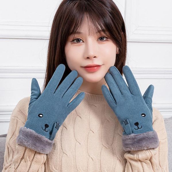 

five fingers gloves winter suede touch screen for ladies outdoor riding cute furry warm, Blue;gray
