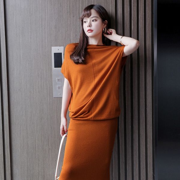

spring and autumn new fashion knitwear western style knitwear women's skirt suit loose and thin two piece set of celebrity temperament, Gray