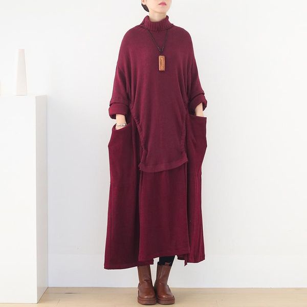 

johnature women vintage turtleneck knitted dresses patchwork pockets 2021 autumn new solid color soft women loose casual dresses, Black;gray