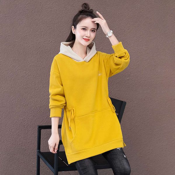 

hooded sweater women's autumn and winter 2020 new large foreign style fashion plush thickened fried street mid length upper garment, Black