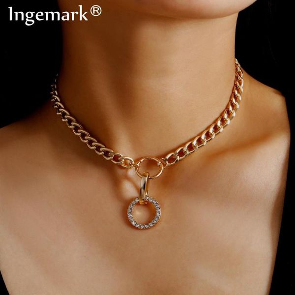 

pendant necklaces punk luxury full crystal circle choker necklace women collares statement gothic chunky chain clavicle fashion jewelry, Silver