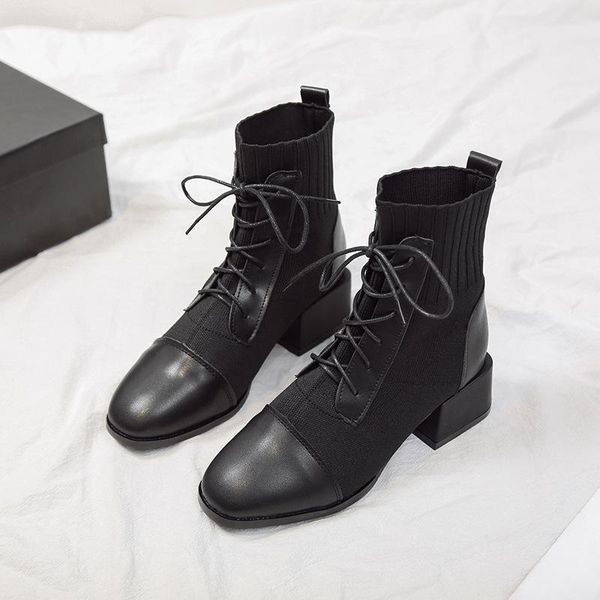 

women's martin boots summer thin square head autumn fashion breathable short socks thin boots casual shoes, Black