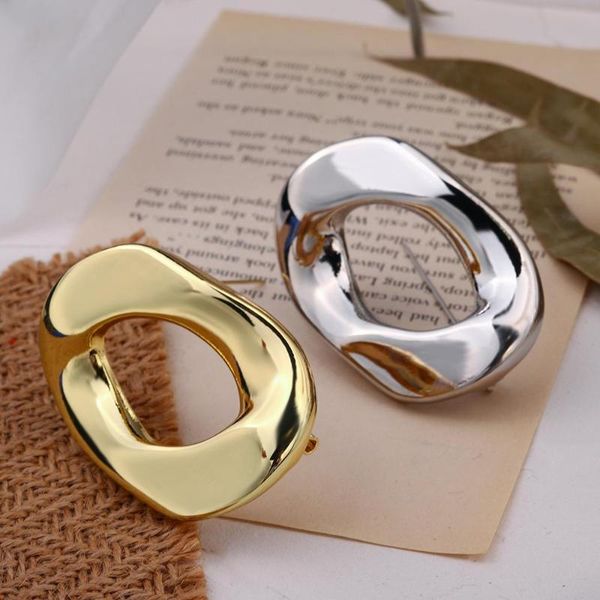 

amorcome simple design big irregular round brooches hollow geometric metal collar lapel pins for women winter party jewelry, Gray