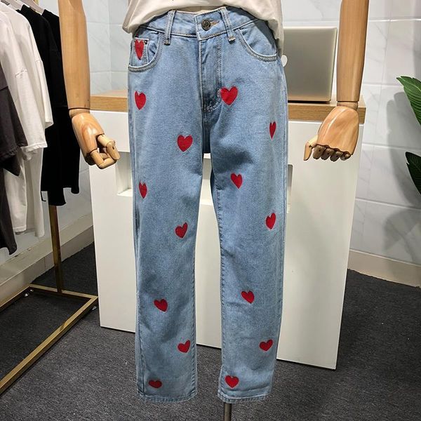 

2020 new spring autumn women jeans pants heart print high waist straight denim trousers drop shipping, Blue