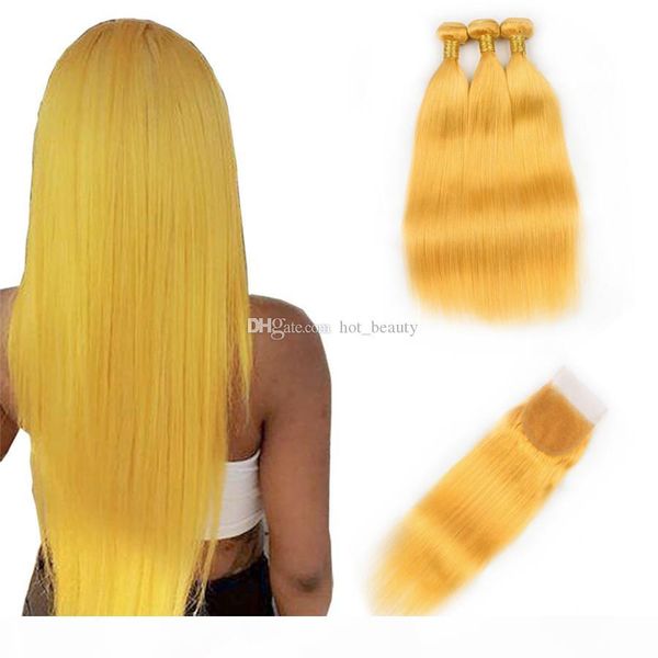 

new arrive human hair extensions yellow hair weaves with lace closure silk straight hair bundles with lace closure 4pcs lot, Black