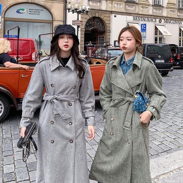 

2020new windbreaker coats ladies casual pocket long trench coat warm belt outwear temperament overcoat female cost-effective1, Black