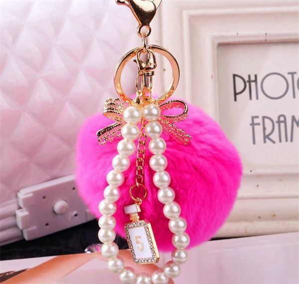 

2020 fashion pearl chain crystal bottle bow pompom keychain car women handbag key chain ring fluffy puff ball jllzjf yy_dhhome, Silver