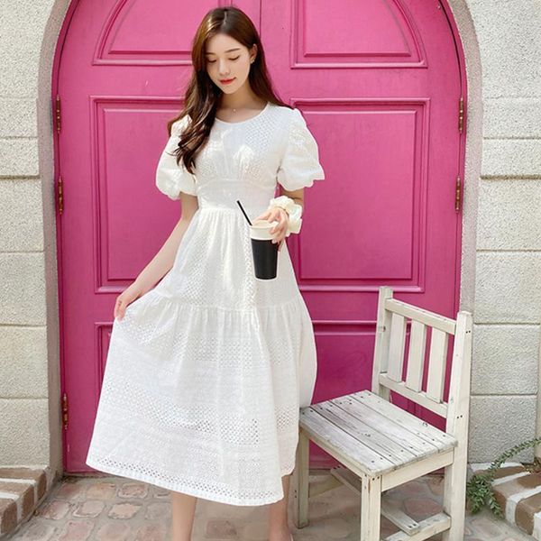 

2021 new summer women office chic dress puff sleeve lace long dresses white women's clothing vestidos, Black;gray