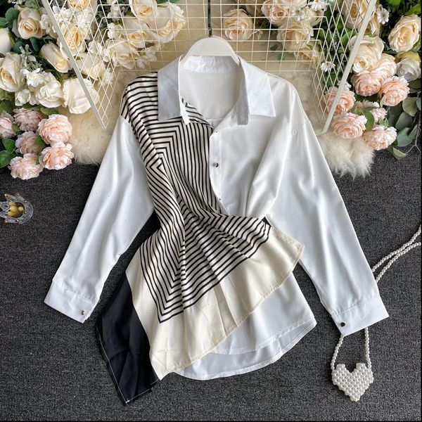 

2021 new women blouse white collar ladies irregular stitching color contrast long sleeves urban shirt female casual long