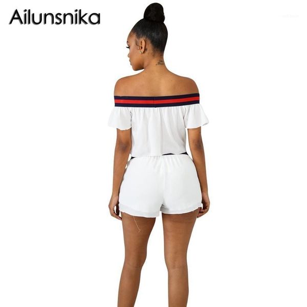 

ailunsnika summer women solid off the shoulder short sleeve lace-up shirt and short elastic waist pant two sets mn82811, Gray
